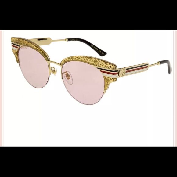 NEW GUCCI SYLVIE Stripe 0283 Gold Glitter Pink Metal Cat Eye Sunglasses GG0283S - Picture 2 of 7